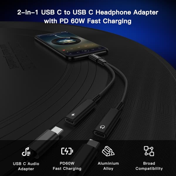 NÖRDIC 1 - 2 USB-C - 2xUSB-C kuulokesovitin 60 W latauksella