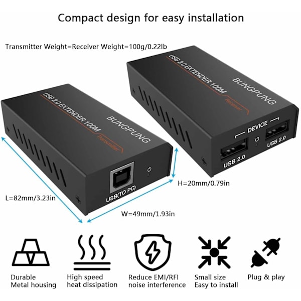 NÖRDIC USB-forlænger Splitter 1 til 2 CAT6 100m
