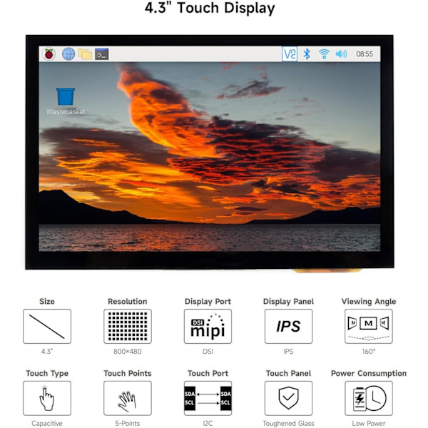 Waveshare 4,3-tommer LCD Touch-skærm til Raspberry Pi 5/4B/3B+/3A+/3B/2B/B+/A+ 800 × 480 IPS