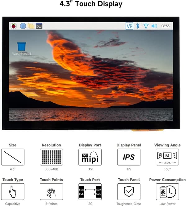 Waveshare 4,3 tuuman LCD-kosketusnäyttö Raspberry Pi 5/4B/3B+/3A+/3B/2B/B+/A+ 800 × 480 IPS