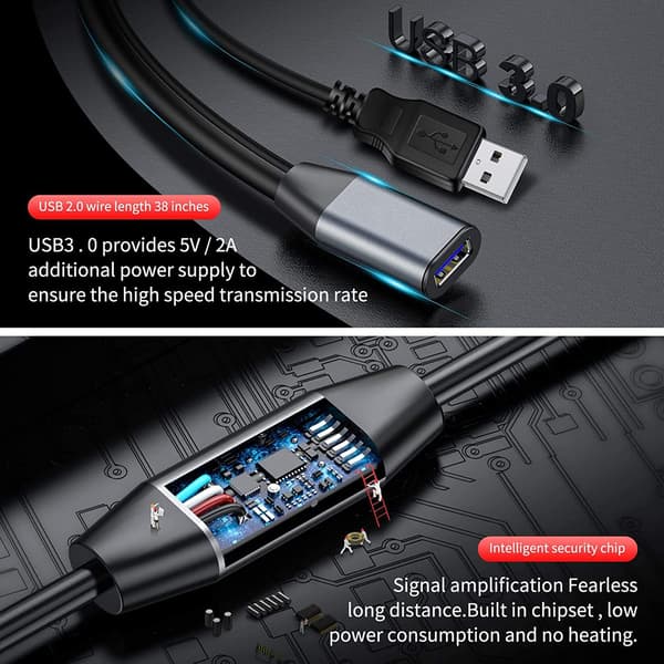 NÖRDIC Active 15m USB3.1 forlængerkabel 5Gbps USB A han til hun til Xbox, PS5, Oculus, printer, scanner, Playstation, VR USB forlængerkabel Black