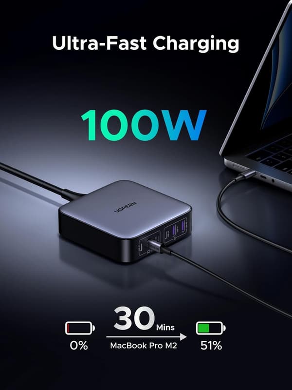 UGREEN 200W USB-C oplader, Nexode 6-Port GaN bordoplader Grey