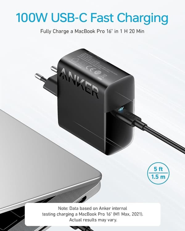 Anker 100W USB-C oplader, PIQ 3.0 kompakt hurtigoplader
