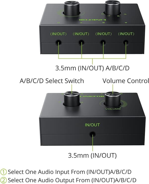NÖRDIC 3,5mm Stereo Switch 4-portar med volymknapp
