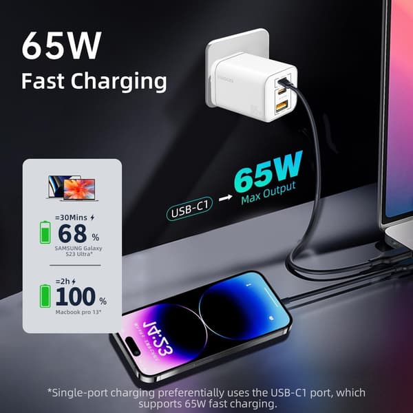Vægoplader 2xUSB-C 1xUSB-A 65W PD PPS White