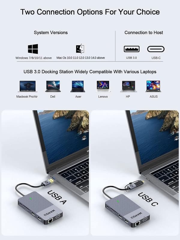 NÖRDIC 1 til 10 USB-A & C DisplayLink-dockingstation 2xHDMI, 1xVGA, 2xUSB3.0, 1xRJ45, 2xSD/TF, 2x3,5 mm Grey