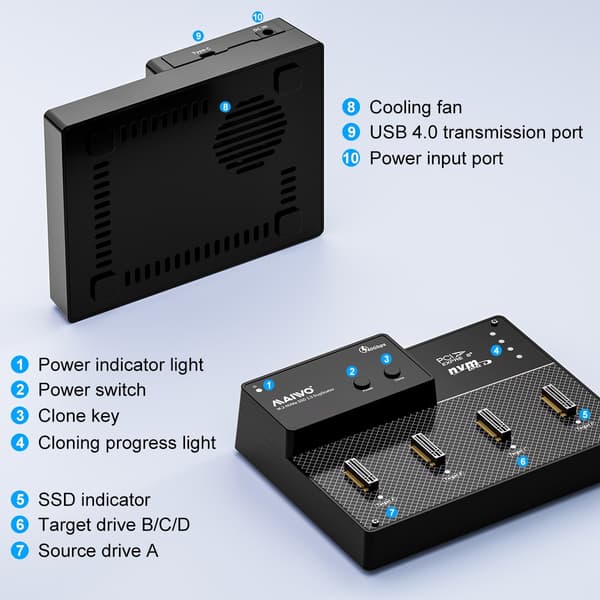 Maiwo K3015P4 4-bay M.2 NVMe SSD USB4.0 Dock, Kloner/Duplicator, Understøtter 1-til-3 Offline-kloning & Software RAID, 40Gbps kompatibel med Thunderbo