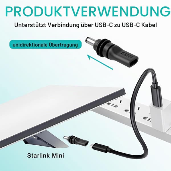 Starlink Mini-adapter USB-C PD 100W hun til DC 5,5 × 2,1 mm, vandtæt