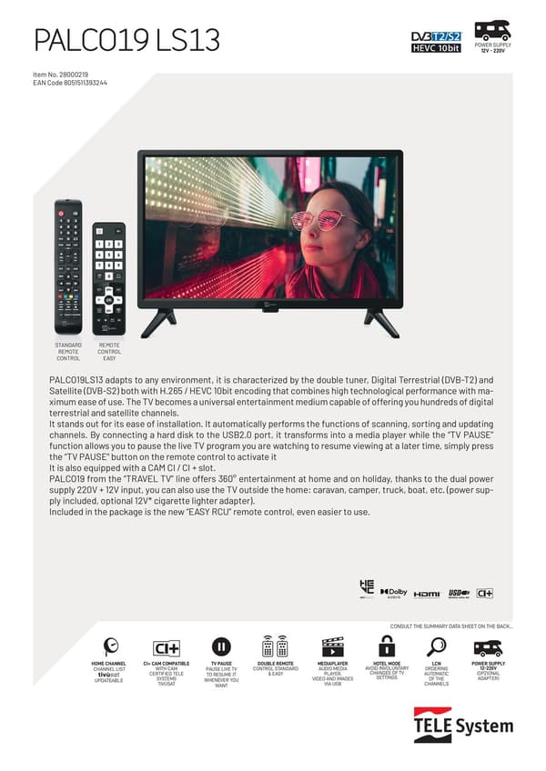 Full HD TV 19 tommer 12V DC 100-240V til båd, campingvogn, autocamper DVB-T2 DVB-S2 VESA 75x75 PALCO 19LS13