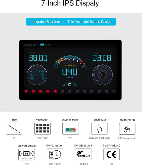 Waveshare 7-tums HDMI-skärm Pekskärm 1024 x 600 IPS-panel Stödjer Alla Versioner av Raspberry Pi Windows-skärm