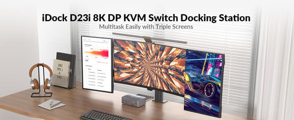 AV Access iDock D23i Dockingstation og KVM-switch 2 til 3, Triple Monitor til 2st Desktop-PC'er, 8K@60Hz, 5xUSB-A, 1xUSB-C, 1G Ethernet, Lyd, SD