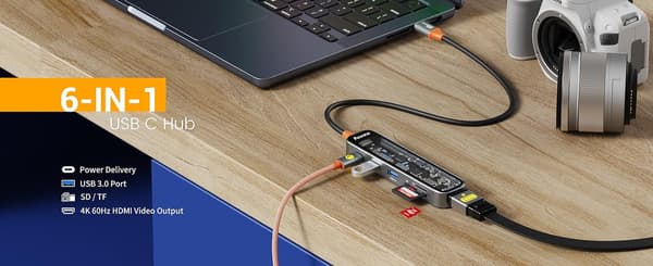 NÖRDIC USB-C 1 - 6 keskitintä 1xHDMI4K60Hz 1xUSB-C PD 100W 2xUSB-A 5Gbps 1xSD 1xMicro SD