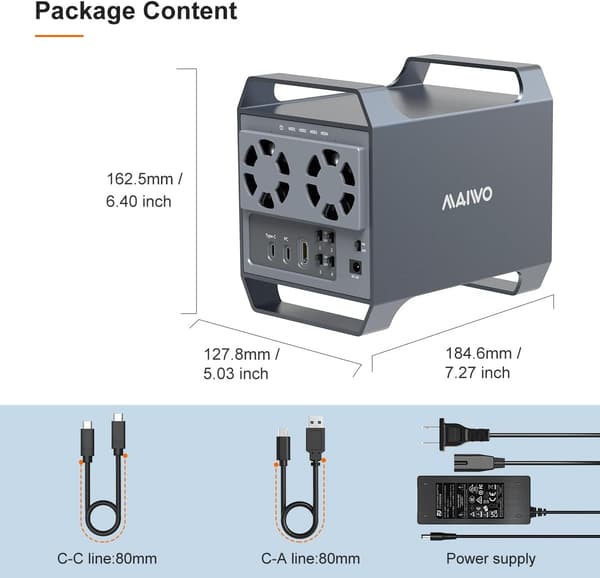 Maiwo K35284A 4-bay DAS-design til 3,5” SATA HDD med 2 køleblæsere, USB‑C & 10 Gbps hastighed, ingen RAID