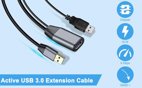 NÖRDIC Active 15m USB3.1 forlængerkabel 5Gbps USB A han til hun til Xbox, PS5, Oculus, printer, scanner, Playstation, VR USB forlængerkabel Black