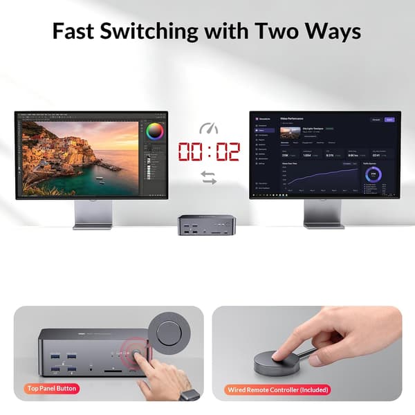 AV Access iDock D23i Dockingstation og KVM-switch 2 til 3, Triple Monitor til 2st Desktop-PC'er, 8K@60Hz, 5xUSB-A, 1xUSB-C, 1G Ethernet, Lyd, SD