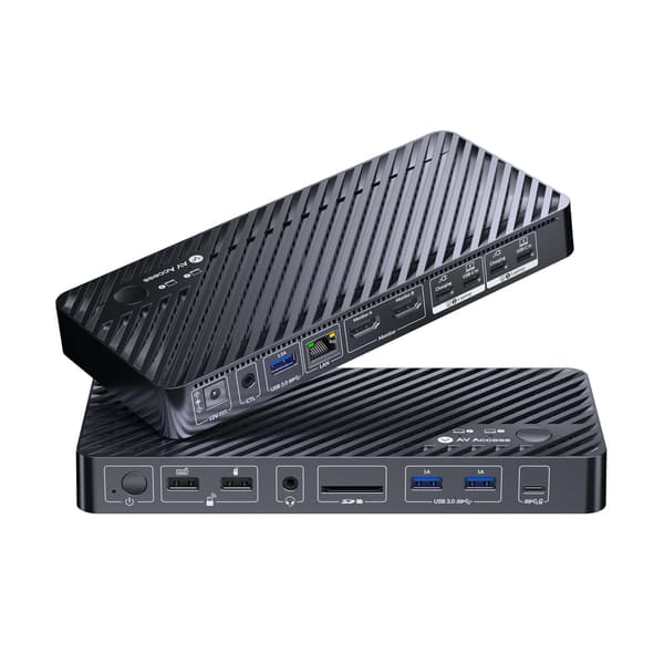 AV Access KD-E20 USB-C KVM Dockningsstation til 2 bærbare computere, Dual 4K-skærm, 11-i-1 med 100W PD, 1Gbps LAN & EDID-emulering