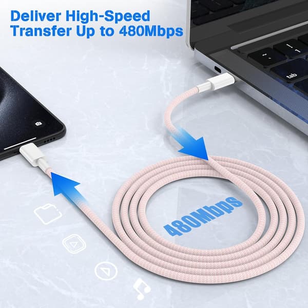 NÖRDIC 0,5m USB 2.0 USB-C til C-kabel til iPhone 15/15 Pro/15 Plus/15 Pro Max 3A 480Mbps 60W pink Pink