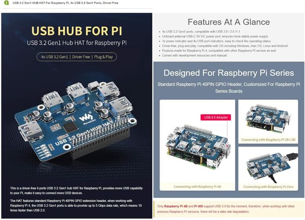 Waveshare USB 3.2 Gen1 HUB HAT Raspberry Pi 4:lle, 4x USB 3.2 Gen1 -porttia, jopa 5 Gbps