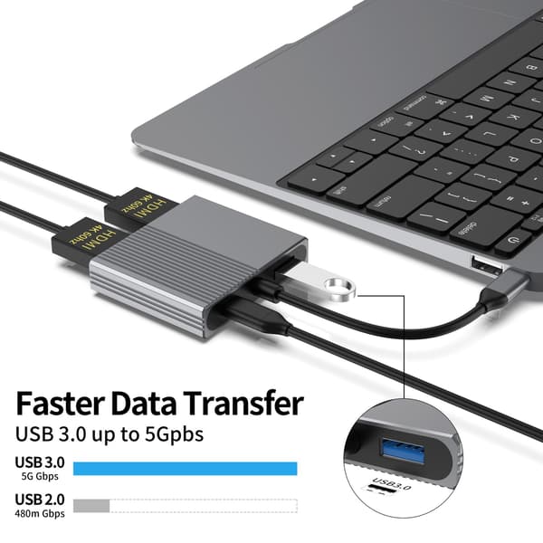 NÖRDIC 1 till 4 USB-C Dockningsstation 2xHDMI Dubbla skärmar 1xUSB-C PD100W 1xUSB-A 5G