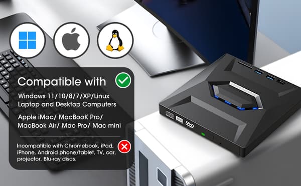 NÖRDIC Bærbar CD Brænder og afspiller samt USB-hub med SD-kortlæser 2xUSB-A 1xUSB-C