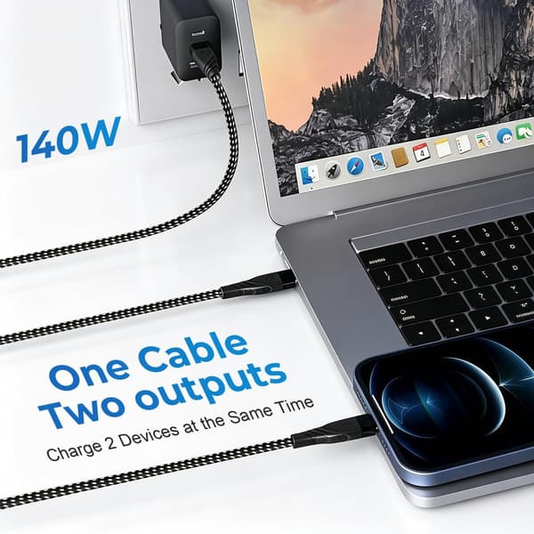 NÖRDIC USB-C-splitter 1 till 2 kabel 1,2m PD 140W snabbladdning