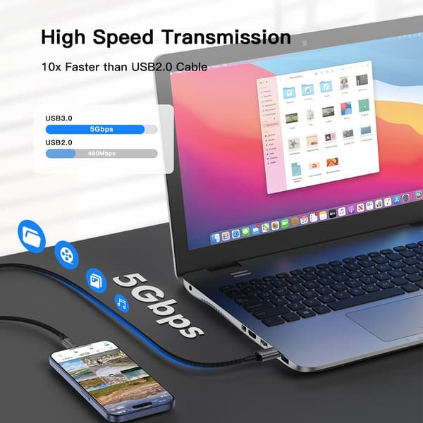 NÖRDIC 5m USB3.2 Gen1 USB-C till A nylonflätad kabel snabbladdning 3A 5Gbps 15W grå grå