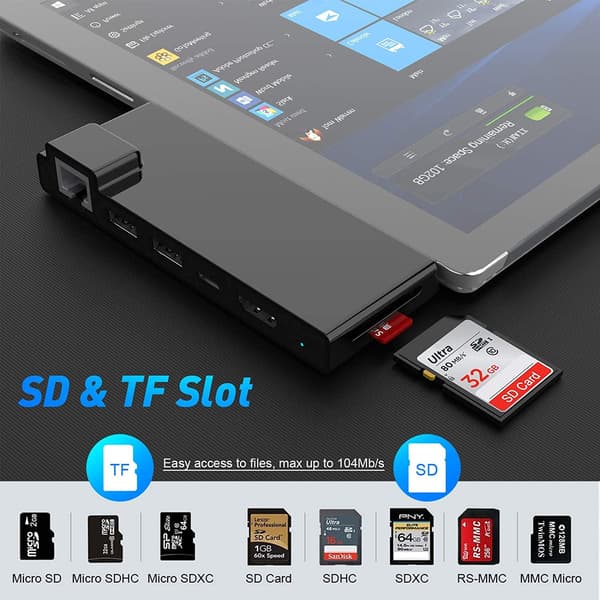 NÖRDIC USB 7-Port dockningstation för MicroSoft Surface Pro7 1xHDMI4k30Hz 2xUSB-A 5Gbps 1xUSB-C PD87W 1xRJ45 LAN och 1xTF och 1xSD Svart
