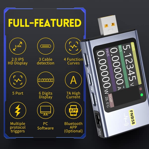 FNIRSI Digital USB tester voltmeter och kabeltestare Silver