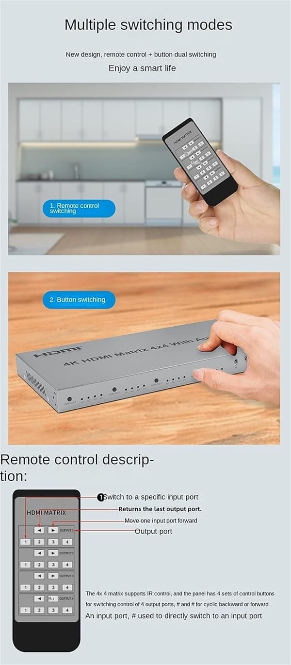 NÖRDIC HDMI Matrix 4x4 switch 4K 60Hz med lydoverførsel