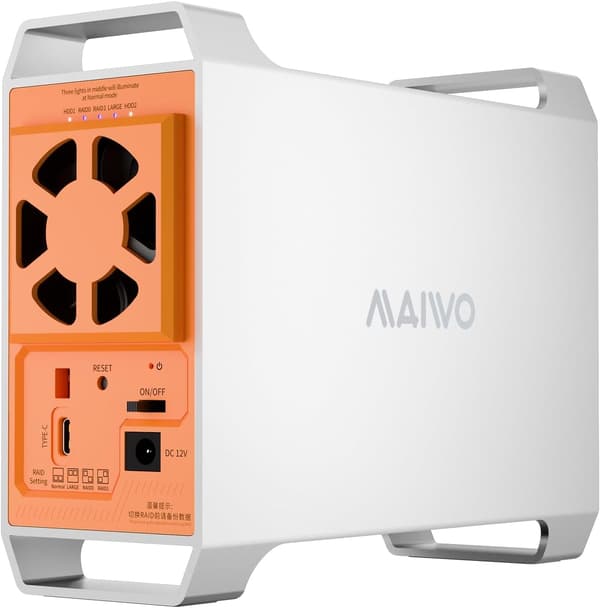 MAIWO 2-plats SATA RAID-kabinett för 3,5" HDD, blixtsnabb 5Gbps, RAID 1/0/JBOD, 2x30TB
