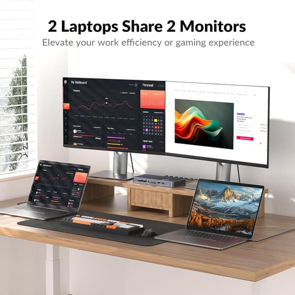 AV Access KD-E20 USB-C KVM Dockningsstation til 2 bærbare computere, Dual 4K-skærm, 11-i-1 med 100W PD, 1Gbps LAN & EDID-emulering