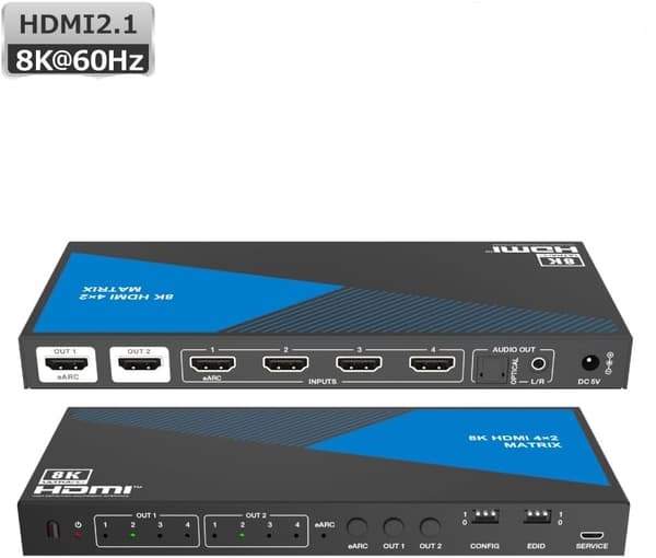 NÖRDIC 8K HDMI 2.1 eARC/ARC matrix switch 4x2 med Extractor Toslink & Stereo, HDMI CEC, Dolby Atmos/Digital Plus, DTS Master Black
