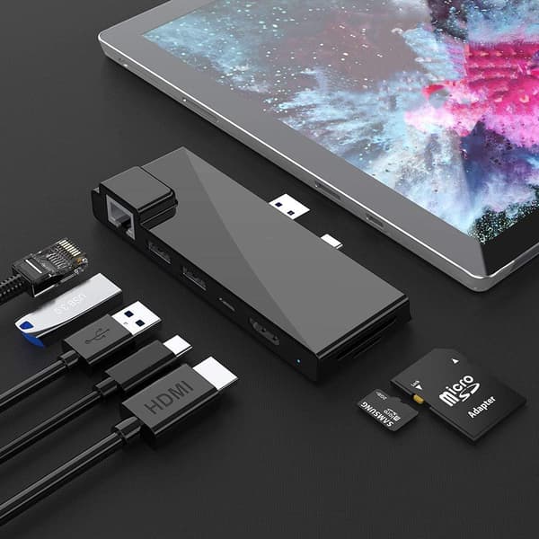 NÖRDIC USB 7-Port dockningstation för MicroSoft Surface Pro7 1xHDMI4k30Hz 2xUSB-A 5Gbps 1xUSB-C PD87W 1xRJ45 LAN och 1xTF och 1xSD Svart