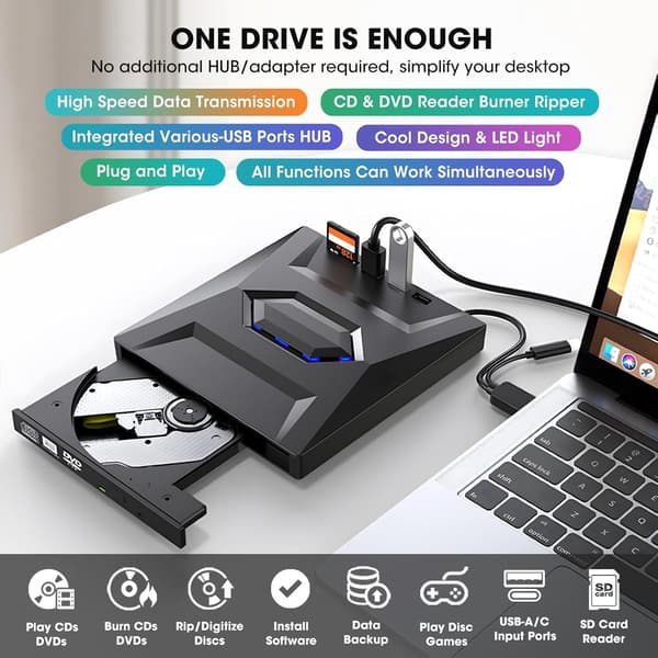 NÖRDIC Bærbar CD Brænder og afspiller samt USB-hub med SD-kortlæser 2xUSB-A 1xUSB-C