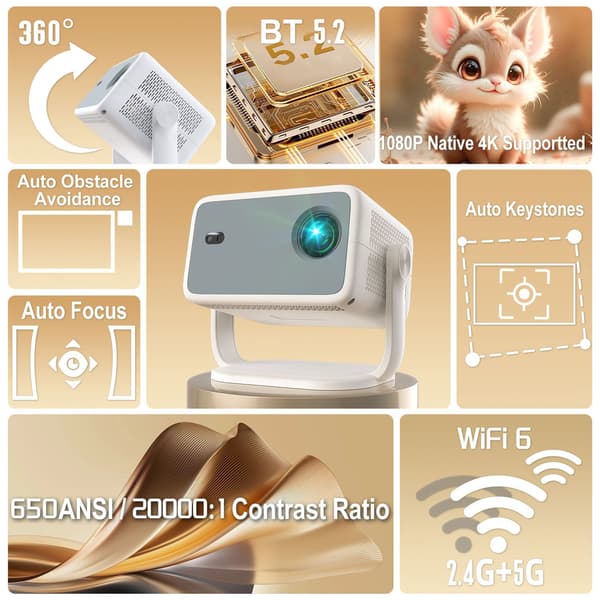 NÖRDIC 1080P Projektor Netflix-certifierad 320 ANSI lumen 2.4/5G WiFi 6 stöd för iOS/Android
