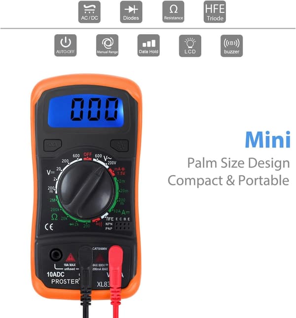 Digital multimeter til AC/DC – volt-, ampere- og ohmmåling med kontinuitetstest
