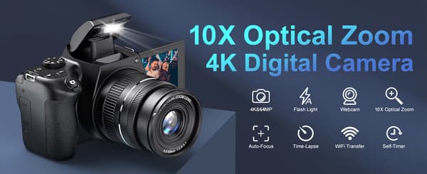 NÖRDIC Digital Camera 4K 64M with WiFi, 10X Optical Zoom Vlogging Camera for YouTube Autofocus Compact Camera