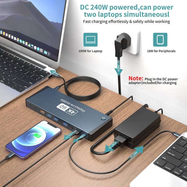 NÖRDIC USB-C DisplayLink Dockningsstation 1 til 17 Dobbelt skærme HDMI + DP, 1xUSB-C PD 100W, 1xUSB-C QC, 2xUSB-C, 1xUSB-A QC, 4xUSB-A, 1xGigaLan