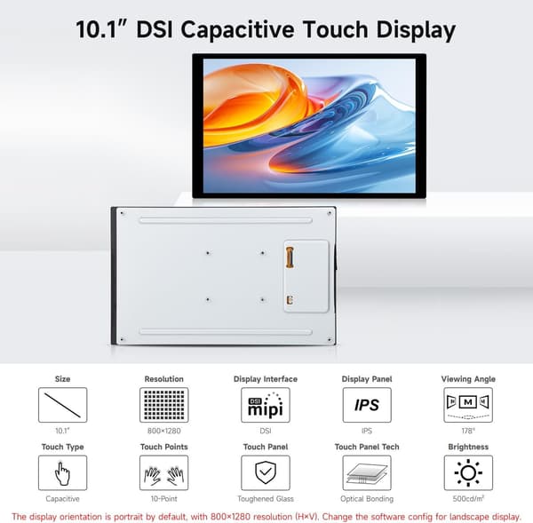Waveshare 10,1" DSI Touchskärm, 800 x 1280, IPS-panel, Optical Bonding härdat glas, för Raspberry Pi/RK3576/RK3506/ESP32-P4