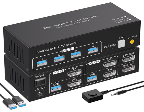 NÖRDIC KVM-switch 2 til 2 DisplayPort til DisplayPort, 8K60Hz/4K120Hz, 4x USB-A Black