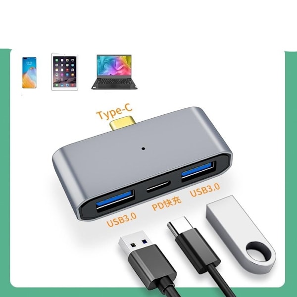 NÖRDIC 3 ports USB-C hubb 1xUSB-C PD 2xUSB-A 3x5Gbps grå
