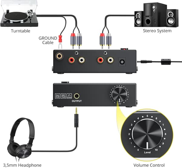 Audiophile M/M Phono preamp with Level Volume Controls 2 RCA and 3.5mm interfaces Svart