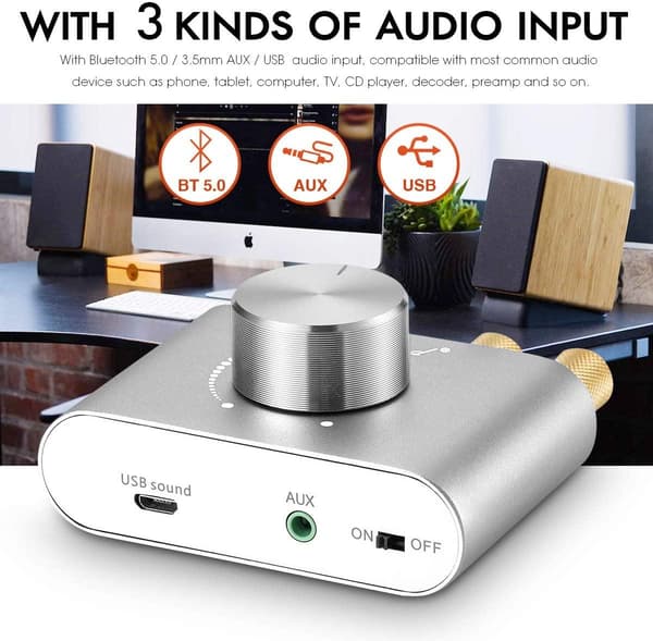 NÖRDIC Bluetooth 5.0 Stereo amplifier digital Audio Class D förstärkare 2x50W AUX/USB/BT silver Silver
