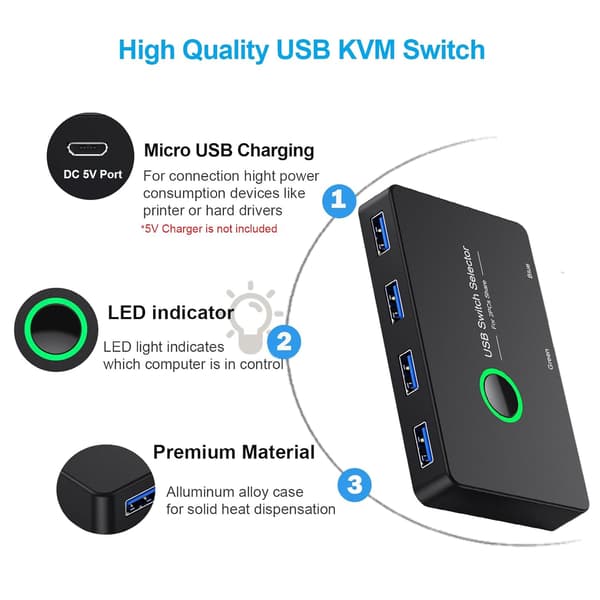 NÖRDIC USB-A Switch 2 tietokonetta neljään USB-A 3.1 5Gbps
