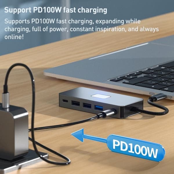 NÖRDIC USB-C 1 till 7 Dockningsstation 2xHDMI 4K30Hz, 3xUSB-A 3.1 5Gbps, 1xUSB-C 2.0 1xUSB-C PD100W grå