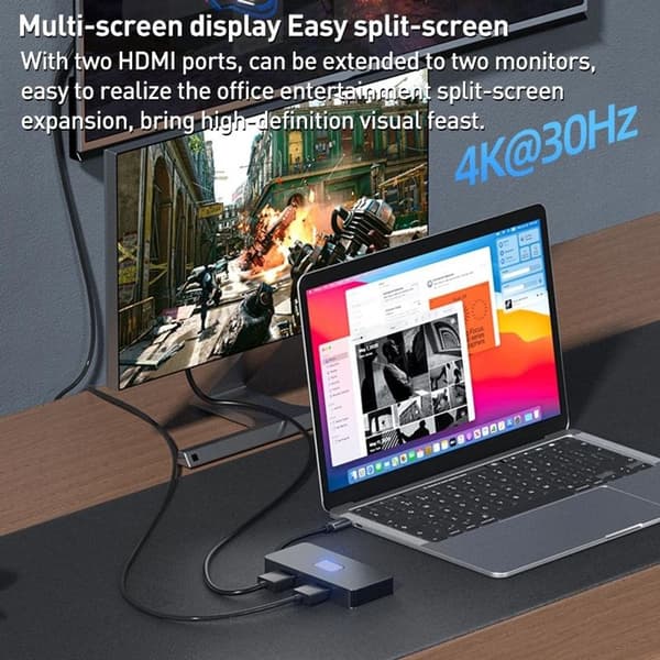 NÖRDIC USB-C 1 till 7 Dockningsstation 2xHDMI 4K30Hz, 3xUSB-A 3.1 5Gbps, 1xUSB-C 2.0 1xUSB-C PD100W grå