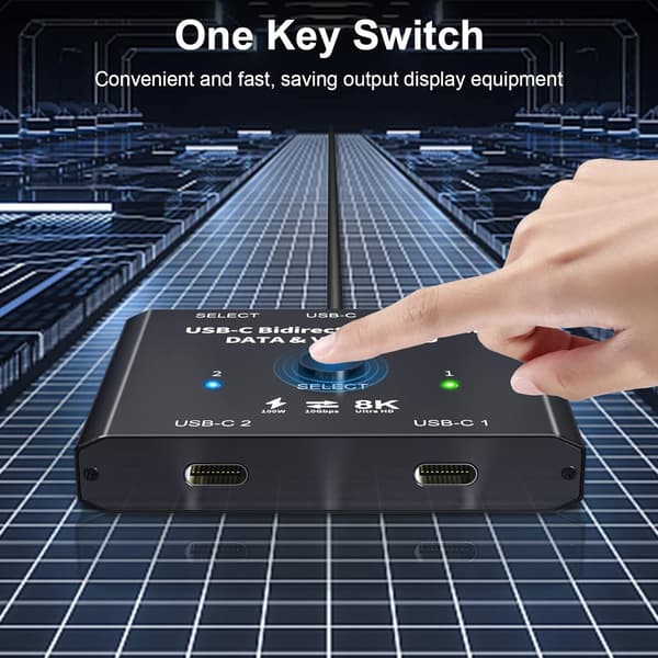 NÖRDIC USB-C 2 til 1 switch & 1 til 2 splitter, 8K/60Hz 4K/144Hz 100WPD 10Gbps Data+Video+PD Black