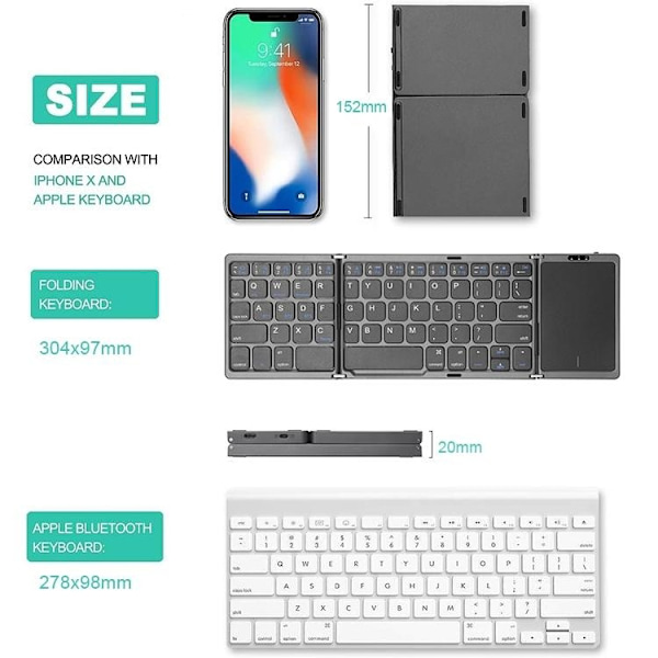 NÖRDIC Bluetooth 5.0 foldetastatur med touchpad 64 taster Multiparring IOS Android Windows US Layout Black