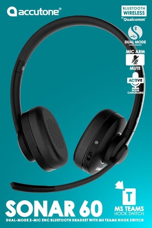 Accutone Sonar 60 Dual Bluetooth & USB kablet headset med støjreducerende mikrofon, lang batterilevetid til PC/Mac og telefoner