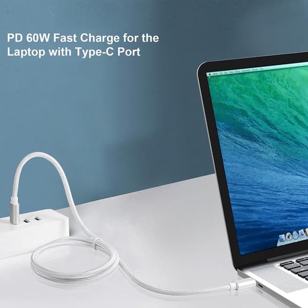 NÖRDIC 2m USB C 3.1 USB C Nylon Braid Cable Quick Lataus 3A Gen1 5Gbps Power Delivery PD 60W Valkoinen Silver